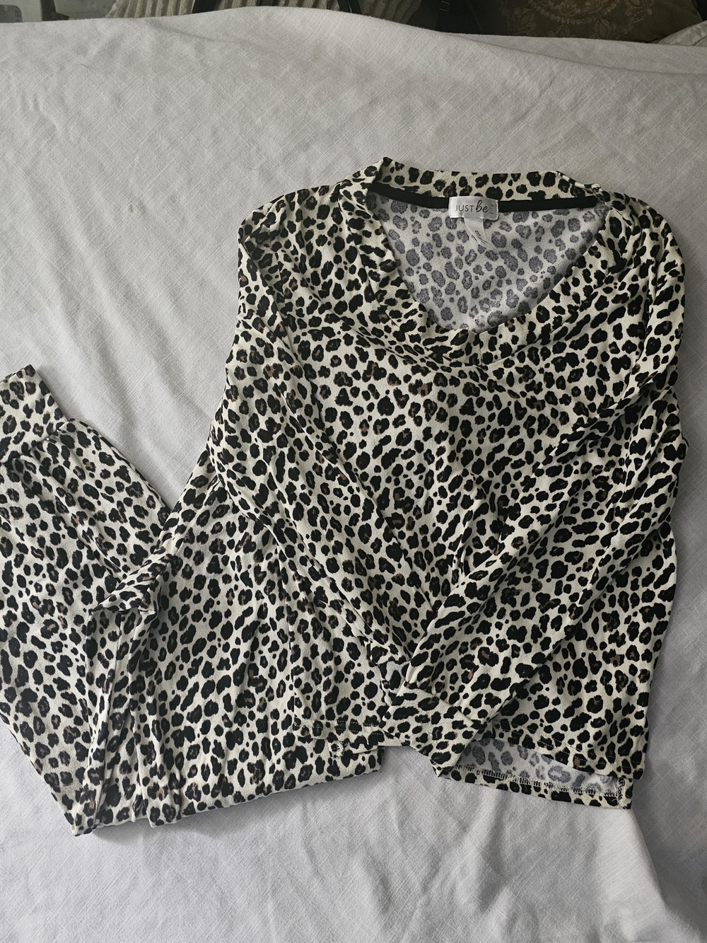 Just Love Leopard Print Long-Sleeve Pajama Top And Bottoms in Cream & Black